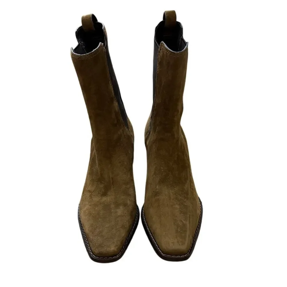 Tory Burch Chelsea Stacked Heel Olive Brown Suede Boots Size 7